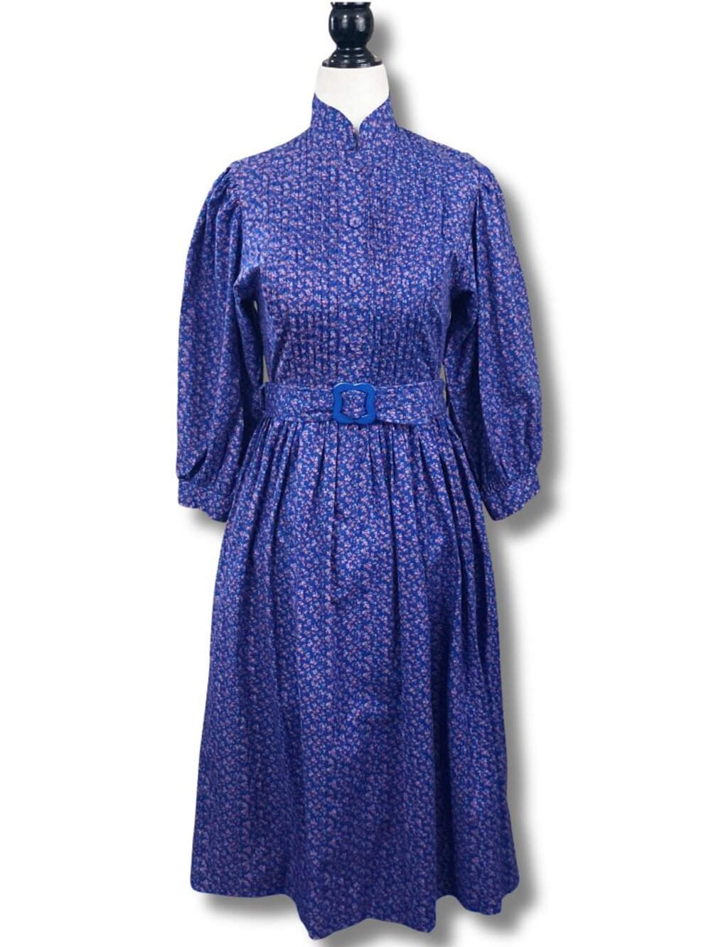 RARE VIVIEN SMITH Vintage blue floral high collar a-line midi dress ~ XS SMALL